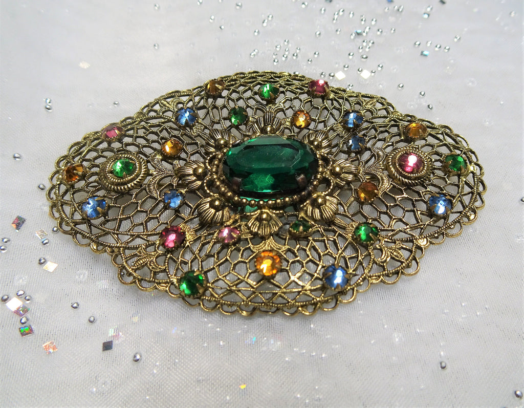 GORGEOUS Art Deco Large Filigree Brooch,Sparkling Czech Glass Stones,Multi Colored Glass Stones,Collectible Vintage Jewelry,Gift for Her
