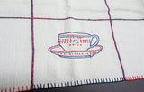 VINTAGE Farm House Luncheon Tea Tablecloth Off White and French Blue Red Embroidery,French Country,Cottage Decor, Collectible Vintage Linens