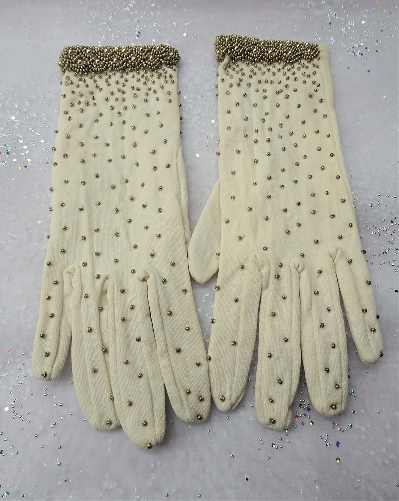 BEAUTIFUL Vintage Hand Beaded Gloves,Evening Party,Wedding Gloves Bronze Beaded,Made in British Hong Kong Collectible Vintage Clothing
