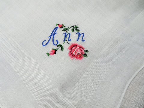 LOVELY Vintage Petit Point Handkerchief,Embroidered ANN Hanky, Fine Workmanship,Wedding Bridal,Something Blue,Collectible Vintage Hankies