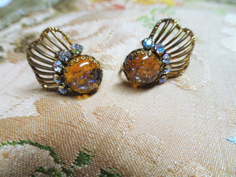 SPARKLING Vintage 50s Earrings,GLITTERING Art Glass,Amber Color  Glass,Aurora Borealis Rhinestones,Screw Back Earrings,Collectible Jewelry