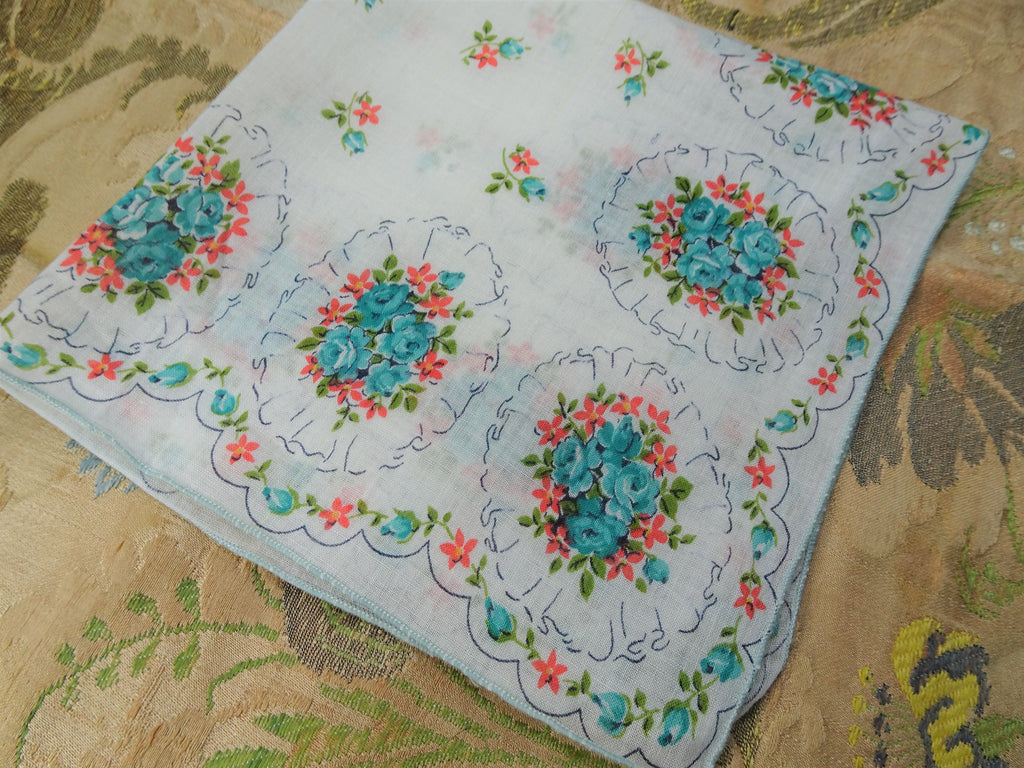 50s VINTAGE Printed Floral Hanky,Colorful BLUE Roses Hankie,Handkerchief To Frame,Collectible Hankies,Bridal,Hankies To Collect