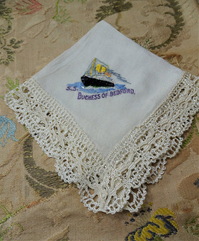 VINTAGE Ocean Liner Souvenir Hanky,Duchess of Bedford Ship, Embroidered Ship Silky Lace Edge Handkerchief,Collectible Hankies