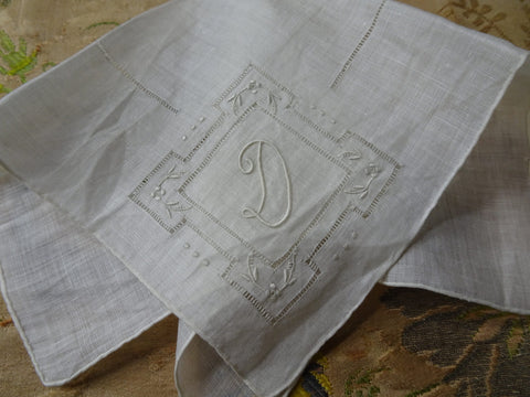 LOVELY Vintage MADEIRA Embroidered Hanky Monogram D Handkerchief,WhiteWork,Embroidery,Wedding Bridesmaid Bridal Hankie,Collectible Hankies