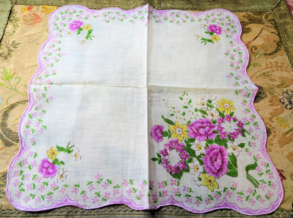 50s VINTAGE Printed Floral Hanky,Colorful Purple Flowers Hankie,Handkerchief To Frame,Collectible Hankies,Bridal Hankies To Collect