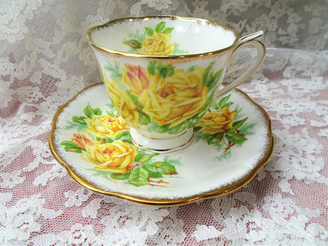 VINTAGE Royal Albert English Bone China Teacup and Saucer Tea Rose Pattern,Lush Yellow Roses,Lavish Gold Trim, Pedestal Cup and Saucer