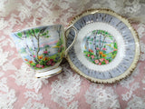 VINTAGE Royal Albert English Bone China Teacup and Saucer Silver Birch Pattern,Lush Colors,Lavish Gold Trim, Pedestal Cup and Saucer