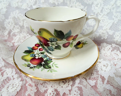 VINTAGE Duchess English Bone China Teacup and Saucer Fruit Pattern,Pretty Colors,Lavish Gold Trim,Lovely Cup and Saucer,Collectible Teacups