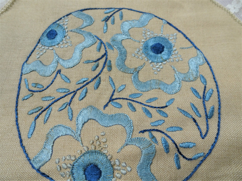 AMAZING Arts and Crafts Doily,Exceptional Hand Embroidery,Blue Silk Thread on Linen,Fit To Be Framed,Collectible Antique Textiles