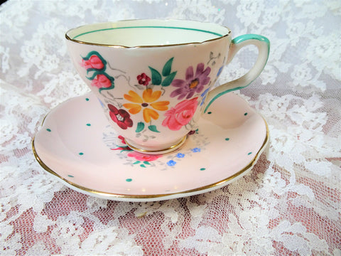 LOVELY Vintage Teacup and Saucer,EB Foley English Bone China,Hand Painted Art Deco Pink Cup and Saucer,Collectible Vintage Teacups