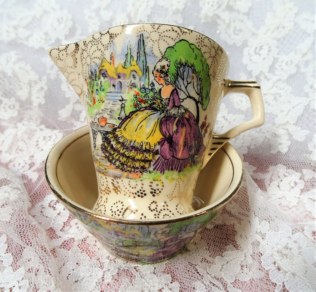 ART DECO Chintz Cream Jug and Sugar Bowl,Pompadour Crinoline Lady