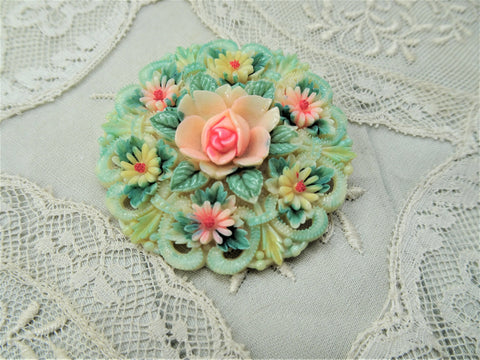BEAUTIFUL Vintage Japanese Celluloid Flowers Floral Brooch, 1930s Hand Painted Pin, Collectible Vintage Jewelry