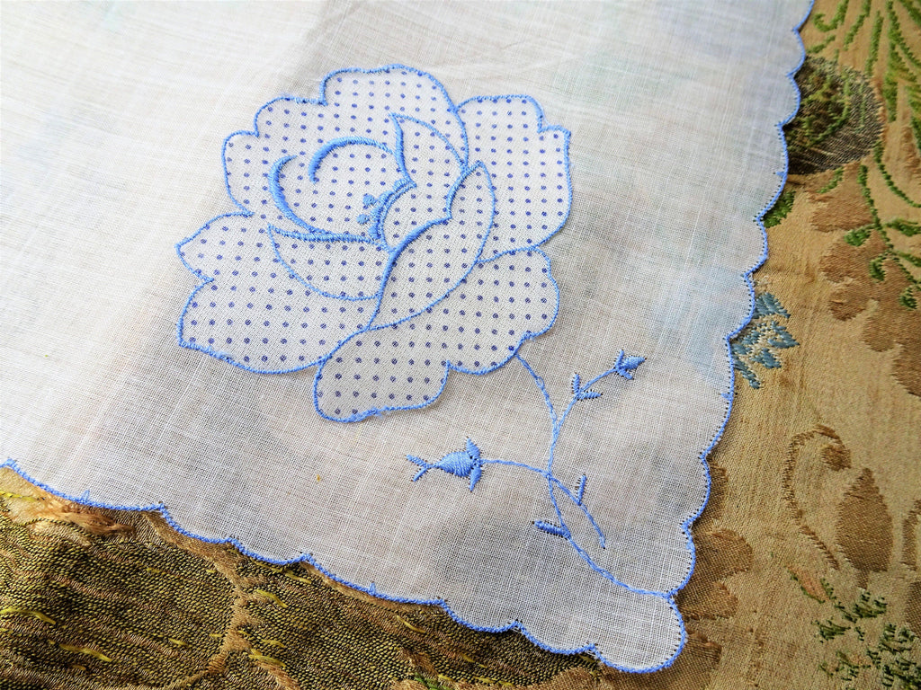 CHARMING Vintage Handkerchief,Blue White Swiss Hanky, Pretty Hankie, Hand Embroidery, Applique,For Bride,Collectible Vintage Hankies