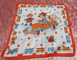 ADORABLE Vintage Child's Handkerchief Little Boy in Roadster,Puppy,Girl, Childrens Printed Hanky, Colorful Hankies, Childrens Room Decor