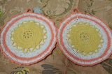 CHEERFUL 1950s Vintage Pot Holders Set,Peach White Yellow,Hand Crocheted,Doilies Trivets,PINK Kitchen Decor,Farmhouse Decor,50s Collectibles