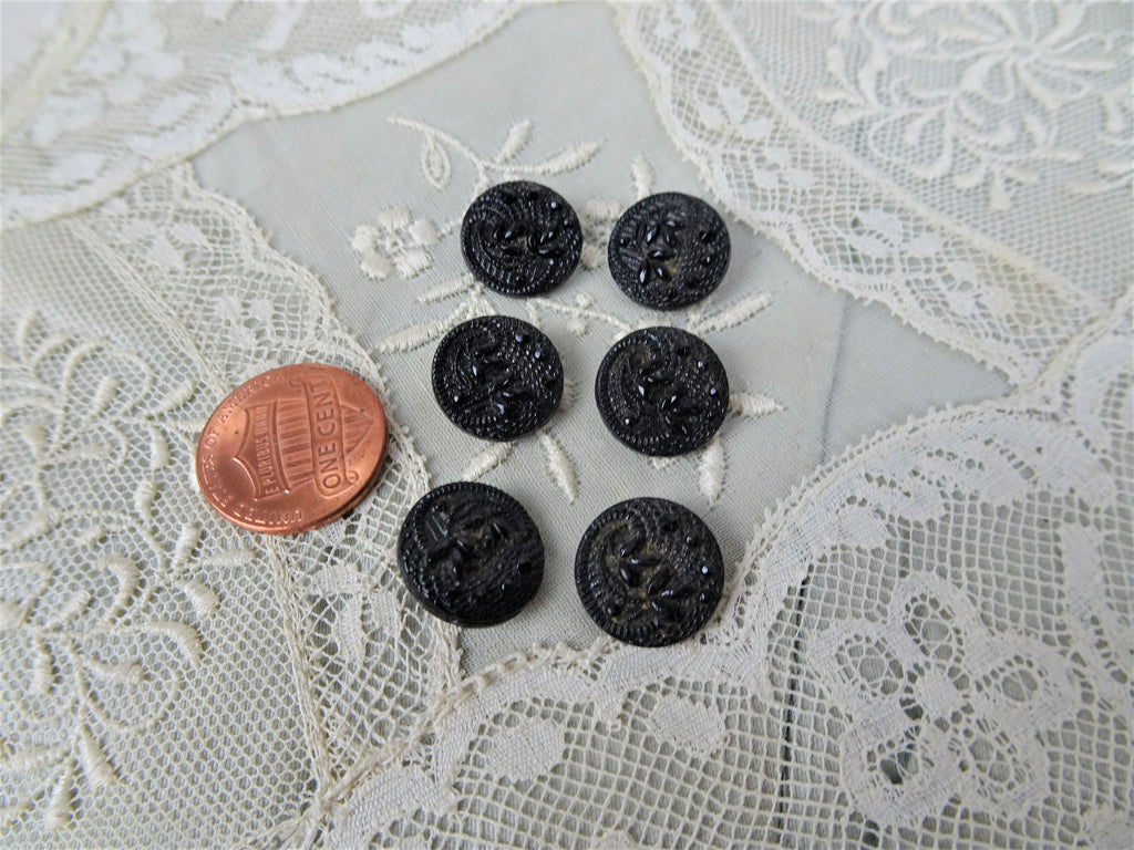 Antique French Jet Glass Victorian Fancy Buttons,Set of 6,Highly Detailed Design,For French Bebe Dolls Jewelry,Collectible Vintage Buttons