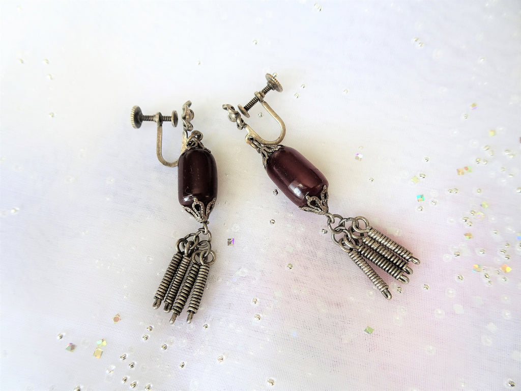 UNIQUE Antique Earrings, Deep Cherry Amber Red Glass and Silver Tone Metal Drop Earrings, Screw Back Earrings, Collectible Vintage Earrings