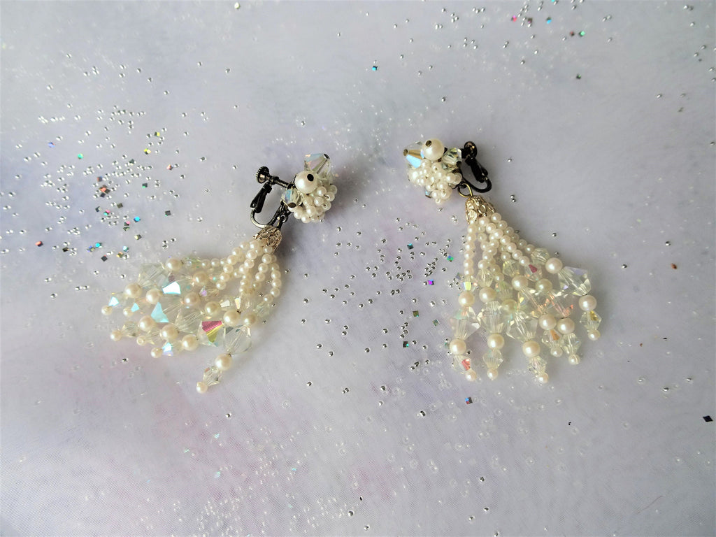 FABULOUS Crystal and Pearl Drop Earrings, Clip On or Screw Back Combination, Pure Glam,Bridal Jewelry,Stunning Earrings,Collectible Earrings