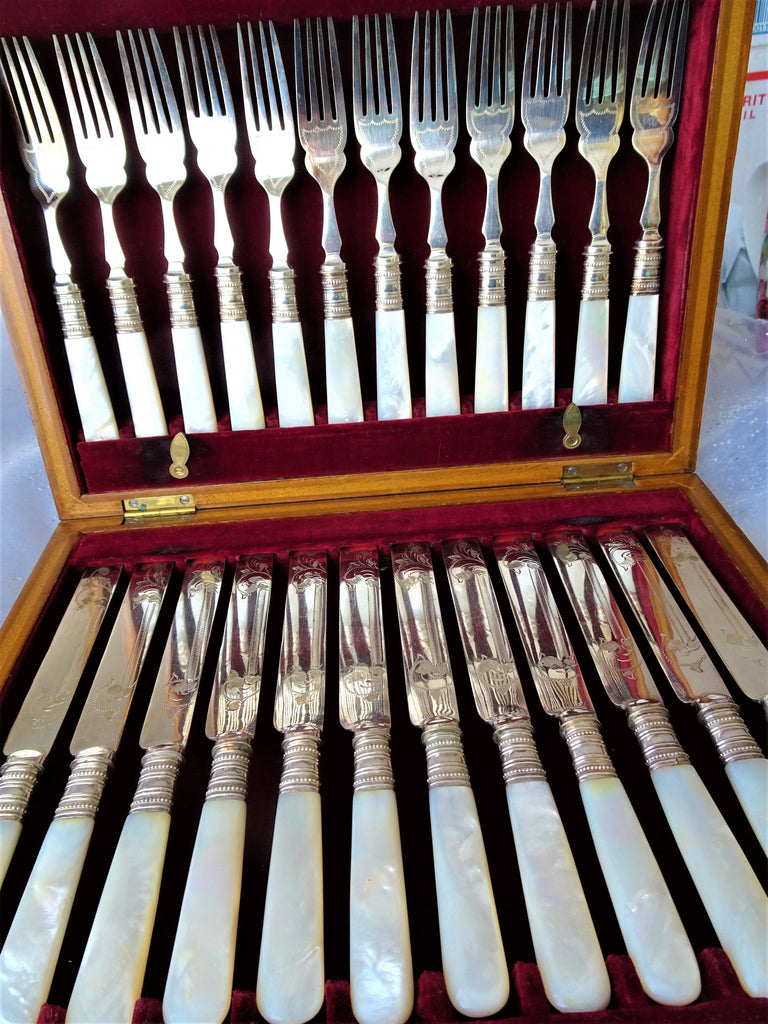 LOVELY Antique Mother of Pearl Flatware Cased Set,Forks Knives,Cased Set of 24 English Sterling Silver Lustrous Pearl Handles,Vintage Silver