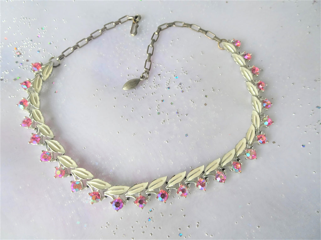 BEAUTIFUL Vintage Necklace, Perfect Bridal Necklace, Enamel, Pink Rhinestones, Lovely Vintage 1950s Necklace, Collectible Vintage Jewelry