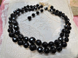 LOVELY Glittering French Jet Double Strand Necklace,Vintage Graduated Black Glass Beads, Mid Century Beaded Necklace,Collectible Jewelry