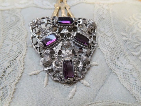 LOVELY Art Deco Dress or Fur Clip, Amethyst Color Glass Stones, Ornate Silver Tone Metal, Beautiful Design, Collectible Vintage Dress Clips