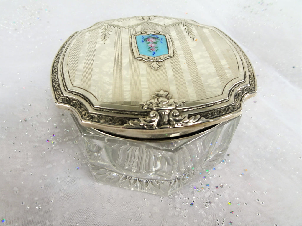 GORGEOUS Antique Dresser Jar,Sterling Silver,Enamel Top,Cut Glass,Vanity Dresser Cosmetic Jar,Beyond FABULOUS Decorative Boudoir Collectible