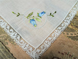 LOVELY Vintage BRIDAL Hanky,Wedding Handkerchief French Lace Hankie,Embroidered BLUE Roses, Bridal Hankies, Collectible Vintage Hankies