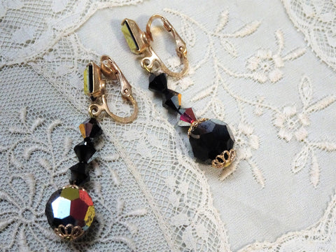 GLAM Vintage 50s Drop Earrings,AB Black Glass Dangle Earrings, Art Glass Earrings, Clip On Earrings, Collectible Vintage Jewelry
