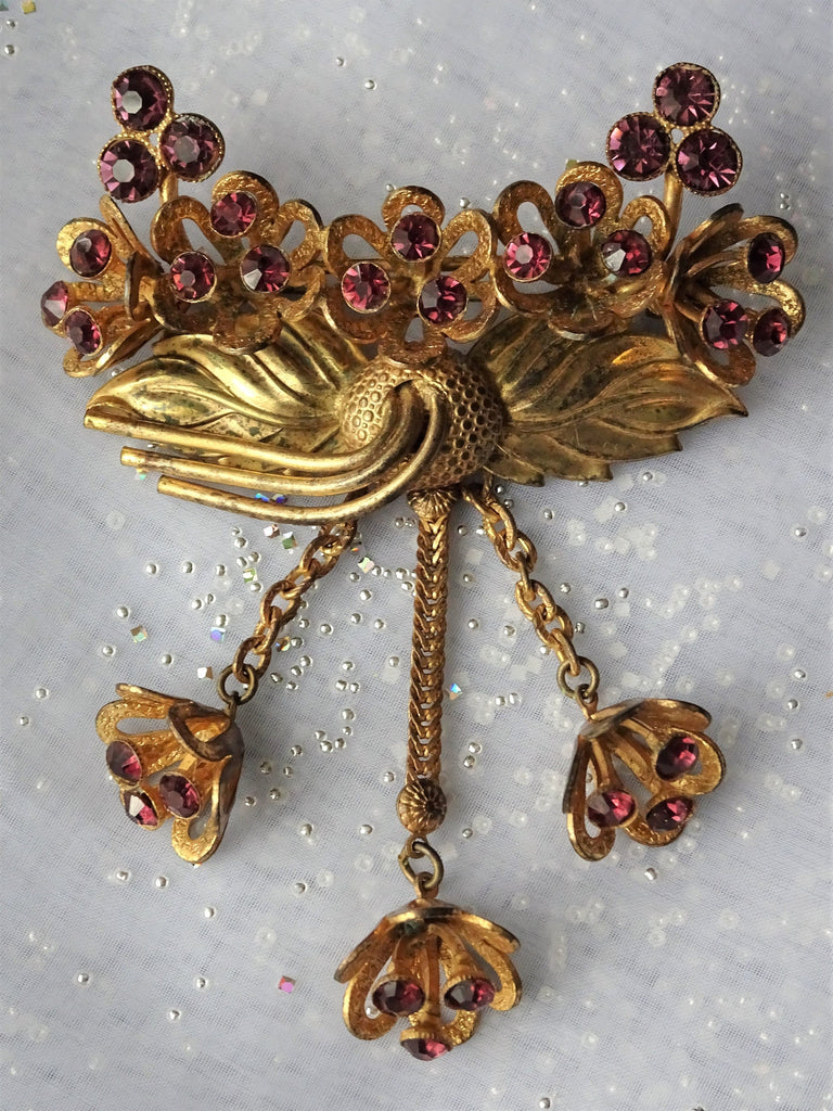 AMAZING 1940s Huge Brooch, JOSEFF of Hollywood Style,Brooch with Drops, Purple Glass Stones,Unique Brooch, Collectible Vintage Jewelry