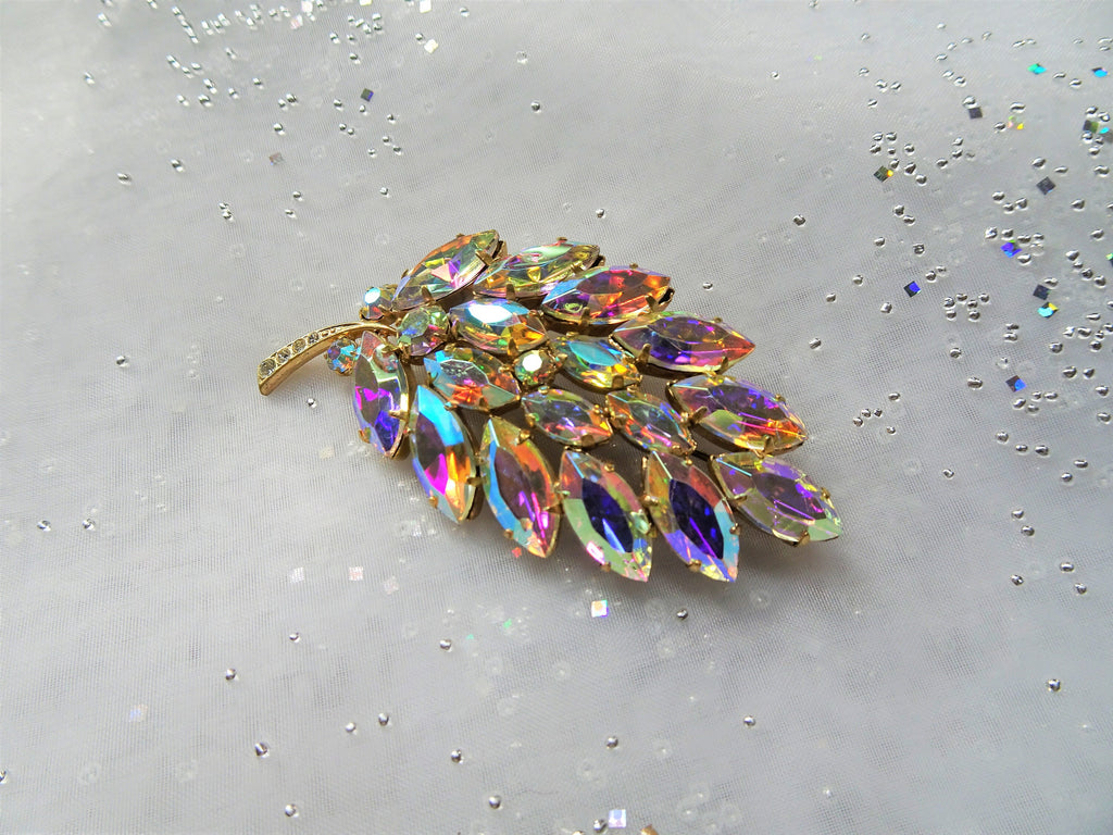 SPECTACULAR Large Art Glass Vintage Brooch, AB Crystal Rhinestones Pin,Sparkling Cut Stones,Vintage Statement Brooch,MCM,Collectible Jewelry
