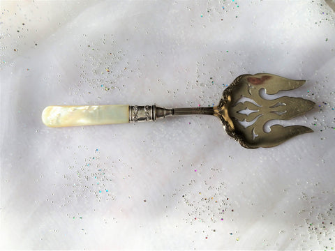 BEAUTIFUL Victorian Silver Serving Piece, Mother of Pearl Handle, Ornate Openwork, Large Serving Fork, Vintage Silverware