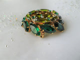 STUNNING Mid Century Art Glass Brooch,Sparkling Emerald Green, Olive Green Crystal Rhinestones, Dazzling Design,Collectible Vintage Jewelry