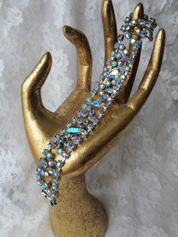 Vintage SPARKLING 4 Row Bracelet,Prong Set,BLUE Brilliant AB Glass Rhinestones,Dazzling Blue Crystal Stones,Collectible Mid Century Jewelry