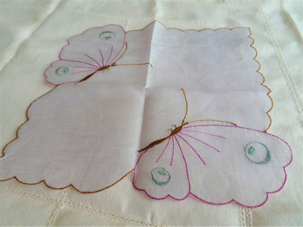 BEAUTIFUL Vintage French Embroidered Hanky, Lilac Butterflies Embroidery Hankie,Art Deco Handkerchief,Flapper Era,Collectible Hankies