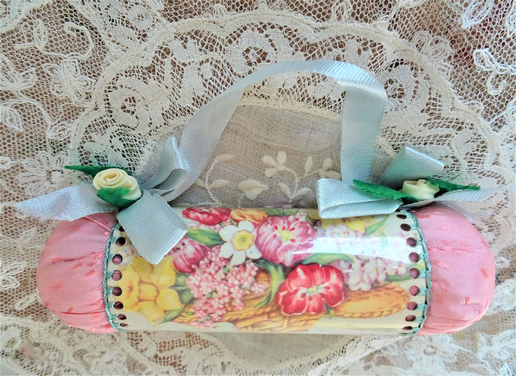 BEAUTIFUL Romantic Vintage Pin Cushion, Charming Pink, Flowers and Ribbon Roses,Highly Decorative, Collectible Vintage  Sewing Tools