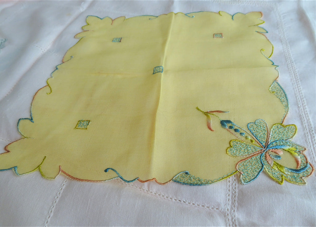 BEAUTIFUL Vintage French Embroidered Hanky,Yellow Blue Pink Silk Embroidery Hankie,Art Deco Handkerchief,Flapper Era,Collectible Hankies