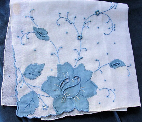 Lovely Vintage Madeira Embroidered Applique Blue Roses Hankie BRIDAL WEDDING HANDKERCHIEF Special Bridal Hanky Marghab Something Blue
