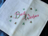 LOVELY Vintage Hand Embroidered BEST WISHES Handkerchief Hand Rolled Hanky Sweet Blue Pink Flowers Special Bridal Wedding Hankie