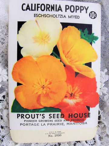 Vintage Seed Packet Colorful California Poppies Poppy Flowers Suitable To Frame, Farmhouse Cottage Decor Scrapbooking Crafts Weddings Gifts