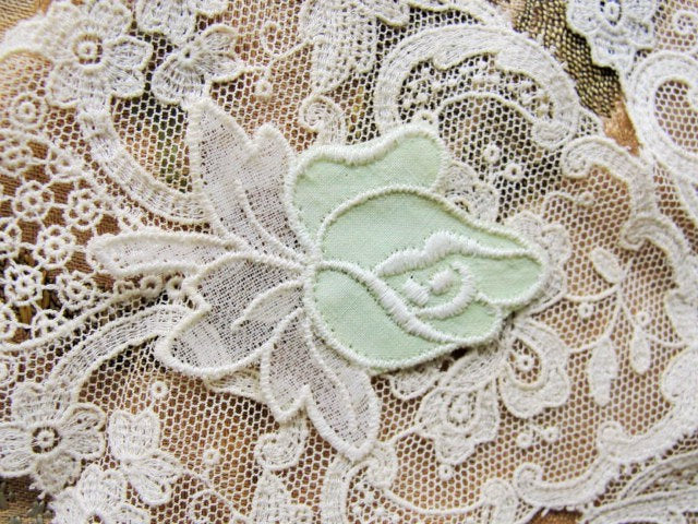 20s Antique ART DECO Embroidered Organdy n Cotton Vintage Applique Mint Green Rose  For Hats,Dolls,Boudoir Lampshades  Downton Abbey Era