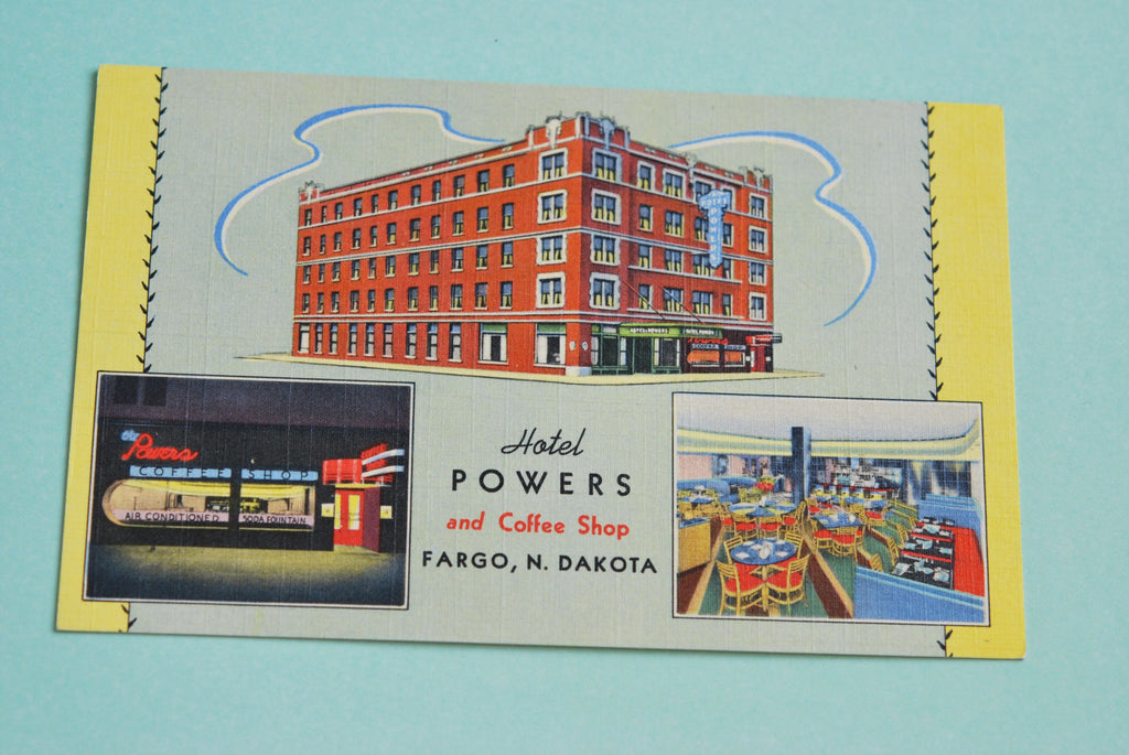 RARE Vintage Linen Postcard Hotel Powers and Cafe FARGO North Dakota Great To Frame