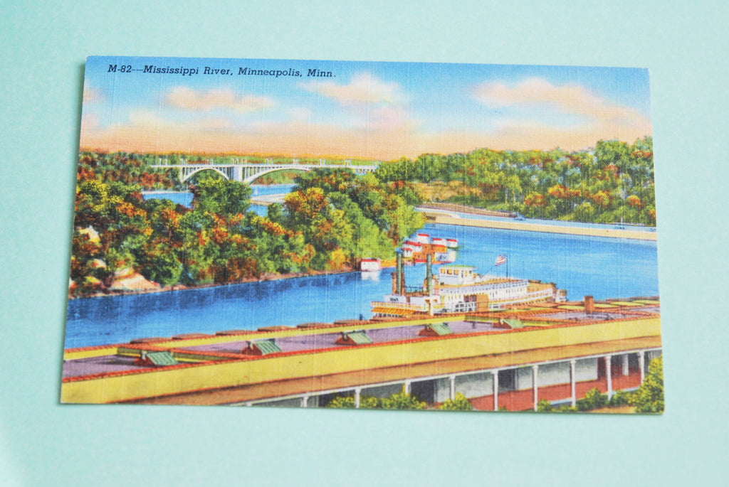 Vintage Minneapolis  Postcard Mississippi River Colorful Linen Post Card Frame It
