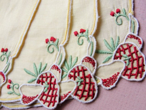 1950s MADEIRA Hand Embroidered Fun COCKTAIL Barwear Napkins Place Mats Sweet Strawberries Chic Cottage Mid Century Retro Linens Decor
