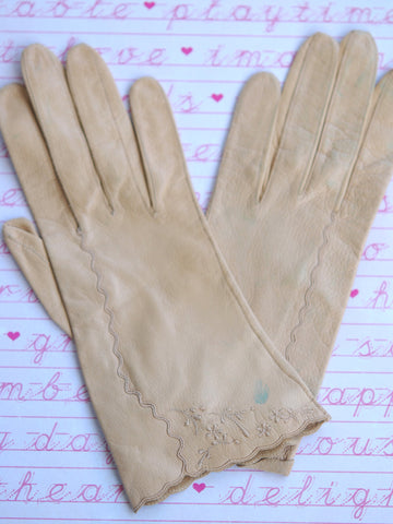 Lovely Vintage Buttery Soft LEATHER GLOVES Dainty Embroidery Work Perfect For Doll Baby Shoes Fine Leather Crafts