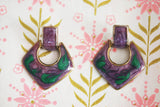 Vintage RETRO 60s-70s Enamel Earrings Fabulous MOD Style Colorful Purples Green Disco Evening Jewelry