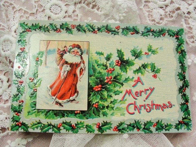 BEAUTIFUL Antique Christmas Greeting Postcard Full SANTA Claus Saint Nick Embossed Hollyberry Decorative Holiday Decor Vintage Holiday Card