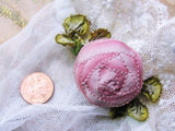 AUTHENTIC Antique French Ribbonwork  Rose Bud Rosette Ombre Ribbon Flower 1920s Flapper Floral Pink High Dome Large French Ribbonwork Flower
