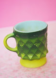 Fun RETRO 70s Coffee Mug Rare Avocado Green Fire-King Kimberly Diamond Milk Glass Kitchen Collectible Mugs