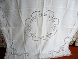 Antique Tablecloth Vintage White Linens Italian Needlelace Filet Lace Embroidery Embroidered Cutwork 1920s Tea Time Table Cloth Table Topper Cottage Decor